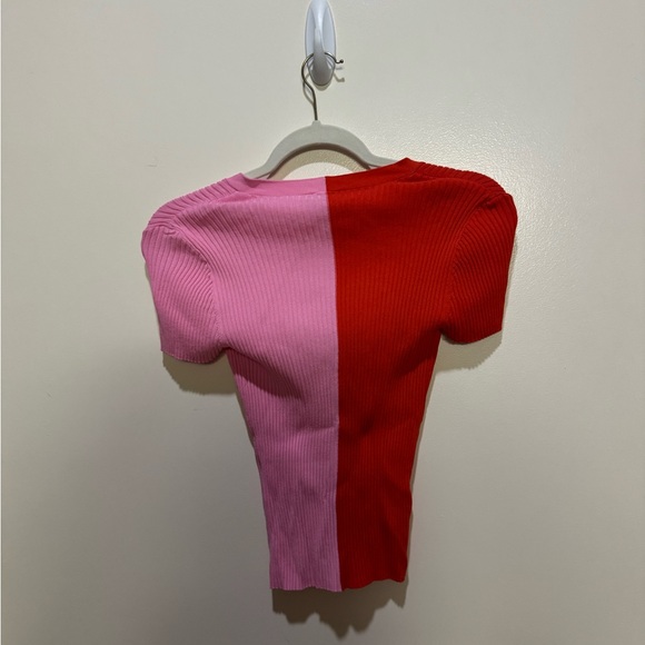 STAUD Ribbed Two-Tone Button Front Top - Red & Pink - Picture 2 of 2